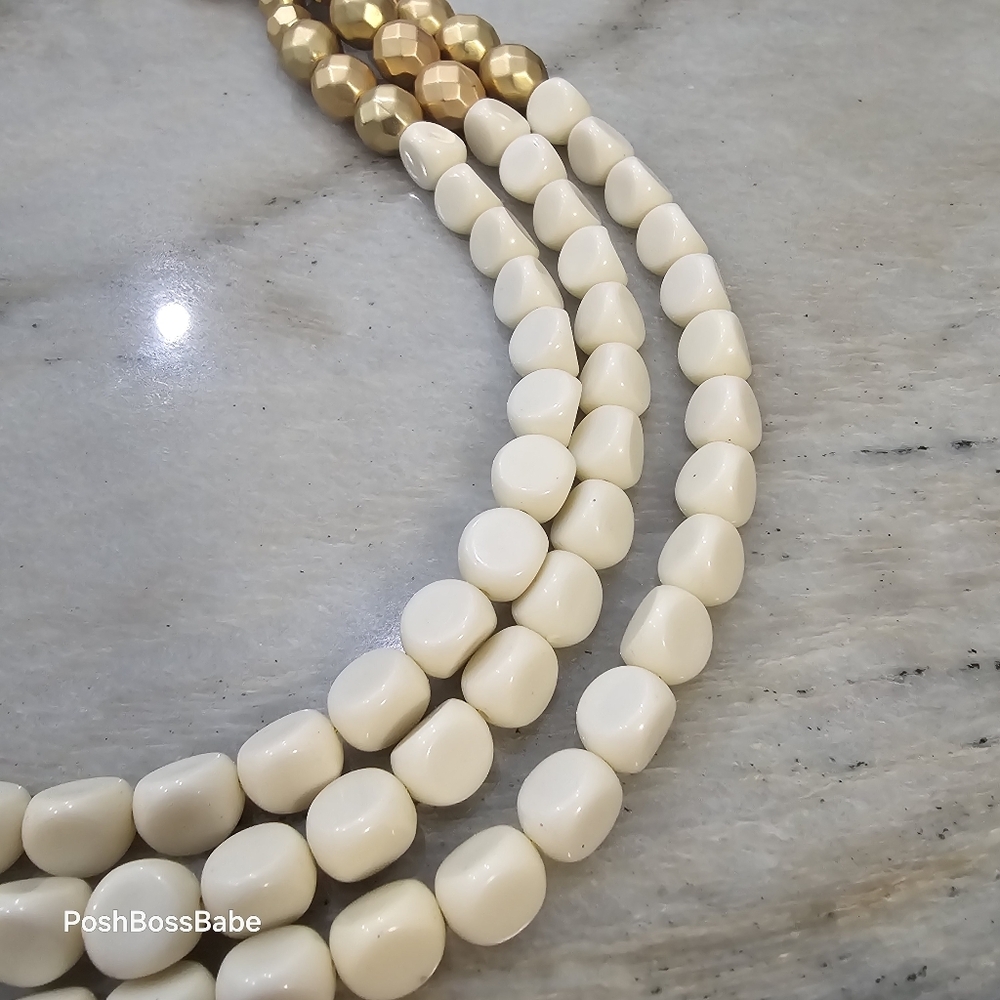Plunder Elegant Multi-Strand Statement Necklace - 27" Gold & Cream Beads - Picture 4 of 8